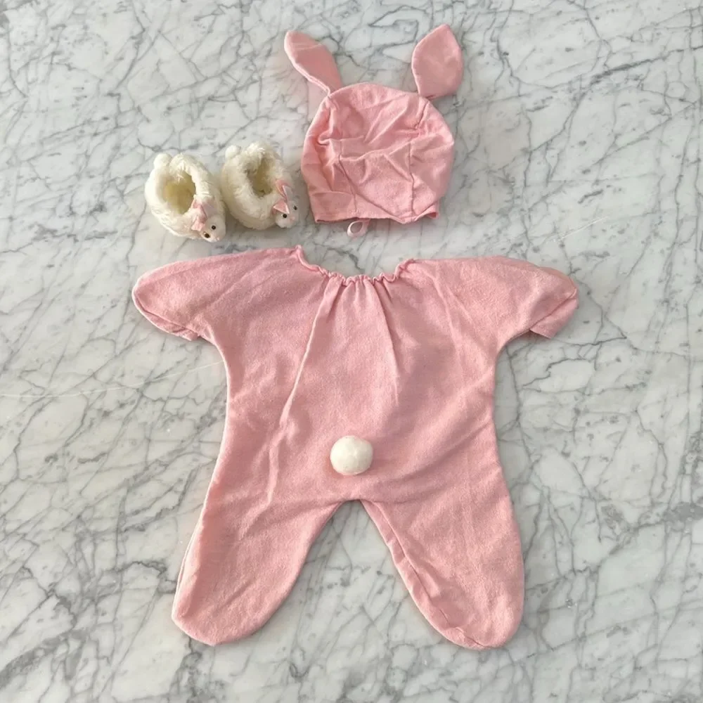 Handmade Infant Doll Bunny Ear Tail Outfit Hat Slippers